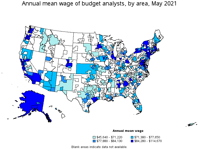 Map of annual mean wages of budget analysts by area, May 2021