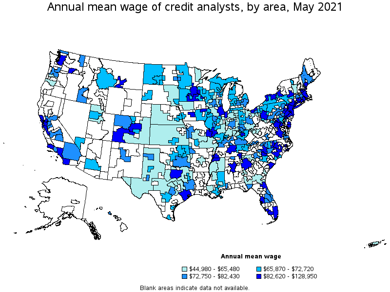 Map of annual mean wages of credit analysts by area, May 2021