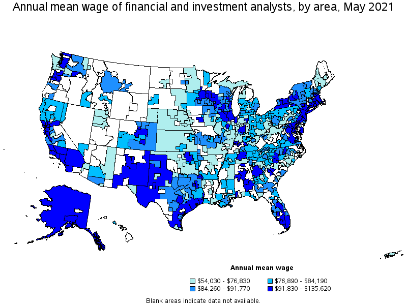 Map of annual mean wages of financial and investment analysts by area, May 2021