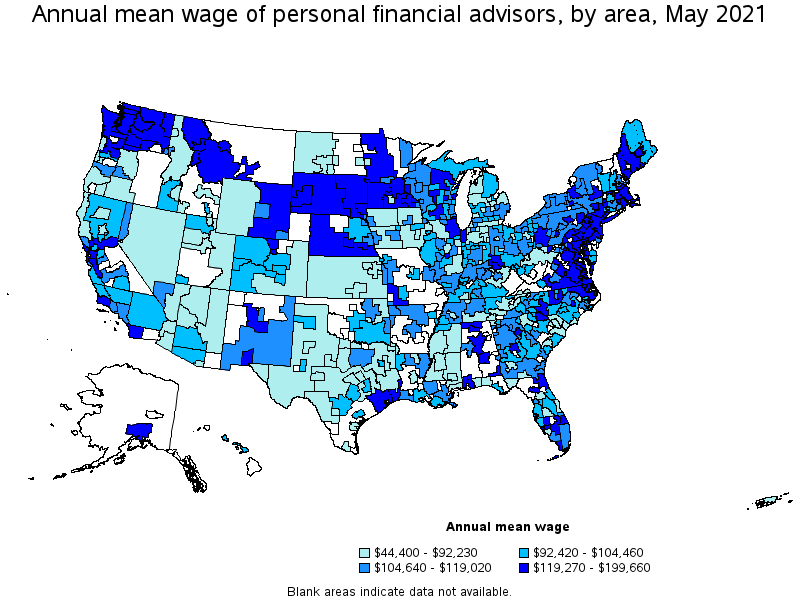 Map of annual mean wages of personal financial advisors by area, May 2021