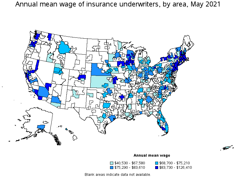 Map of annual mean wages of insurance underwriters by area, May 2021