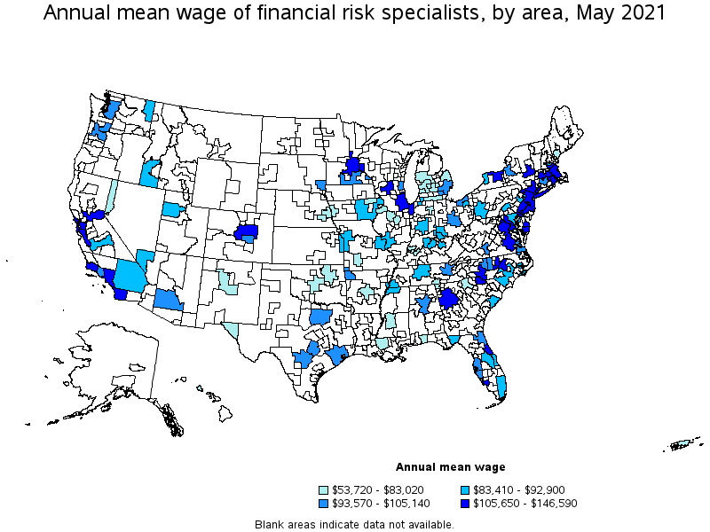 Map of annual mean wages of financial risk specialists by area, May 2021