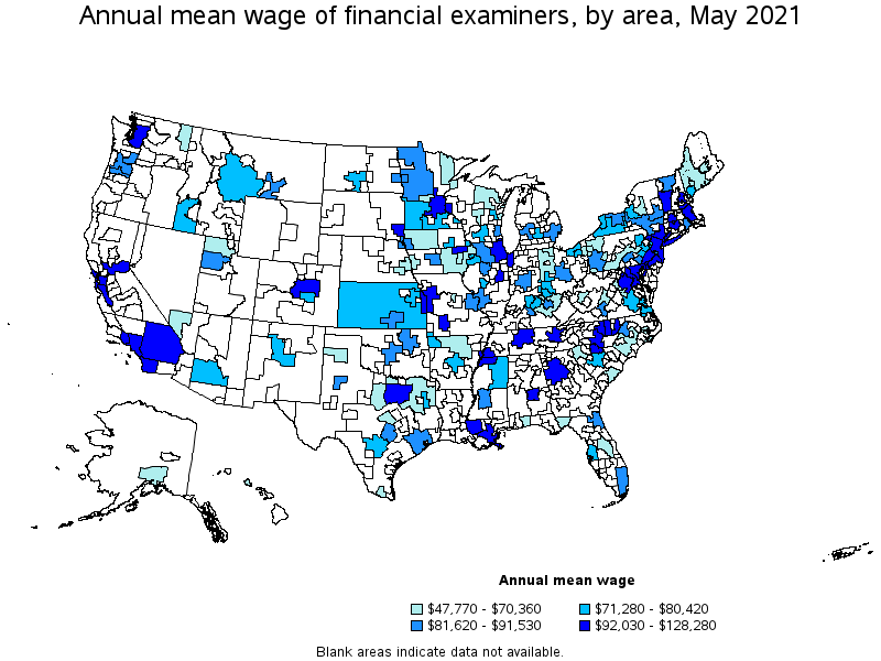 Map of annual mean wages of financial examiners by area, May 2021