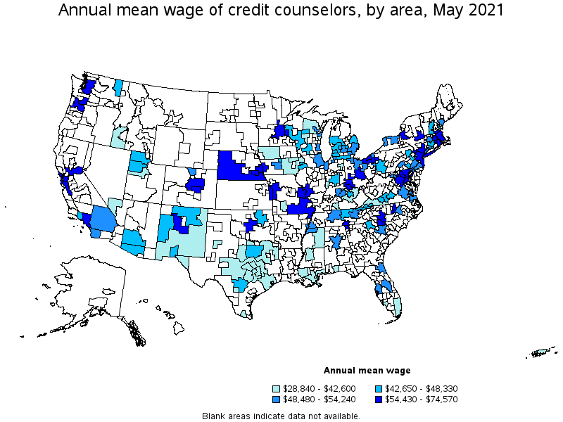 Map of annual mean wages of credit counselors by area, May 2021
