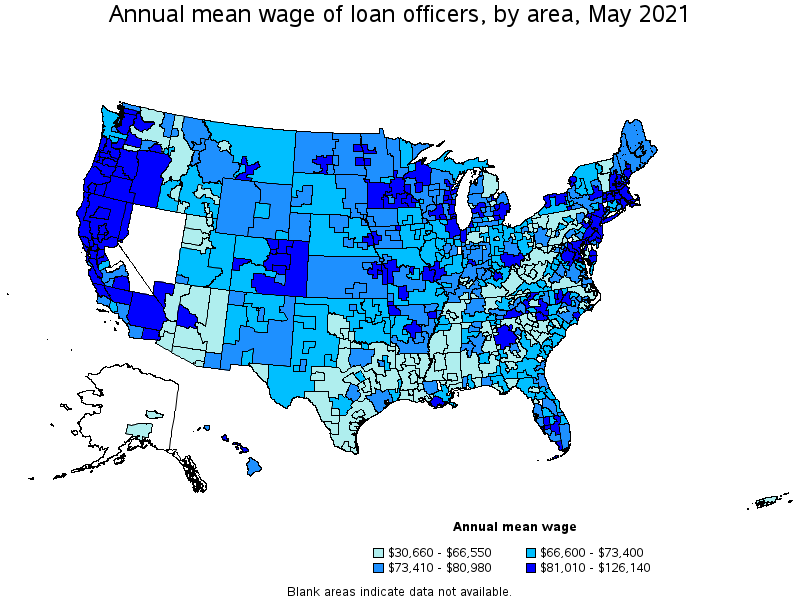 Map of annual mean wages of loan officers by area, May 2021