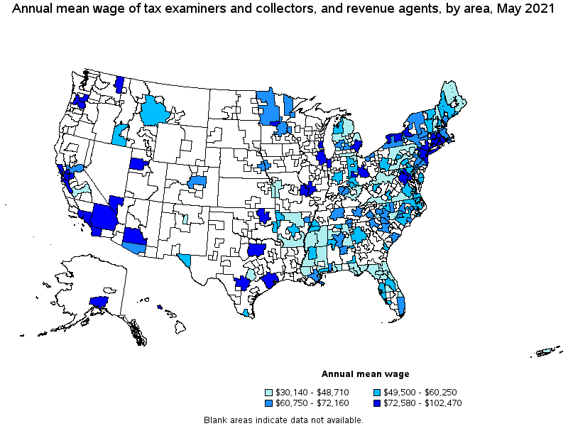 Map of annual mean wages of tax examiners and collectors, and revenue agents by area, May 2021