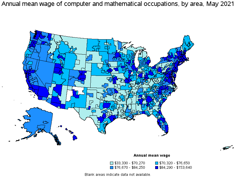 Map of annual mean wages of computer and mathematical occupations by area, May 2021