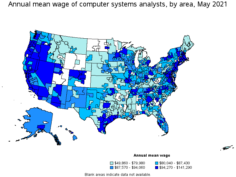 Map of annual mean wages of computer systems analysts by area, May 2021