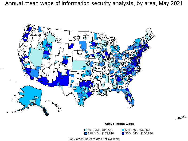 Map of annual mean wages of information security analysts by area, May 2021