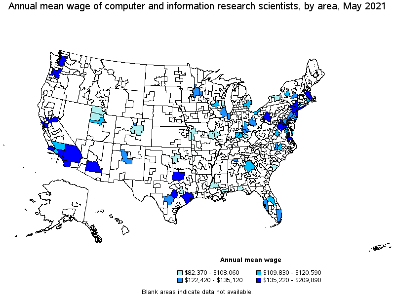 Map of annual mean wages of computer and information research scientists by area, May 2021