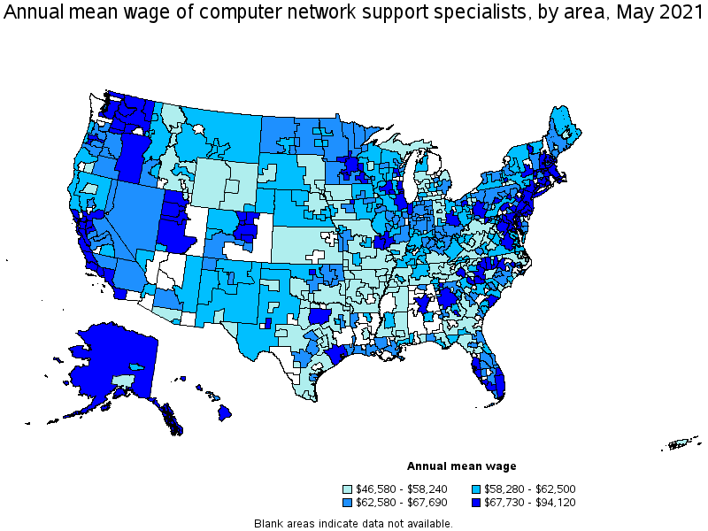 Map of annual mean wages of computer network support specialists by area, May 2021
