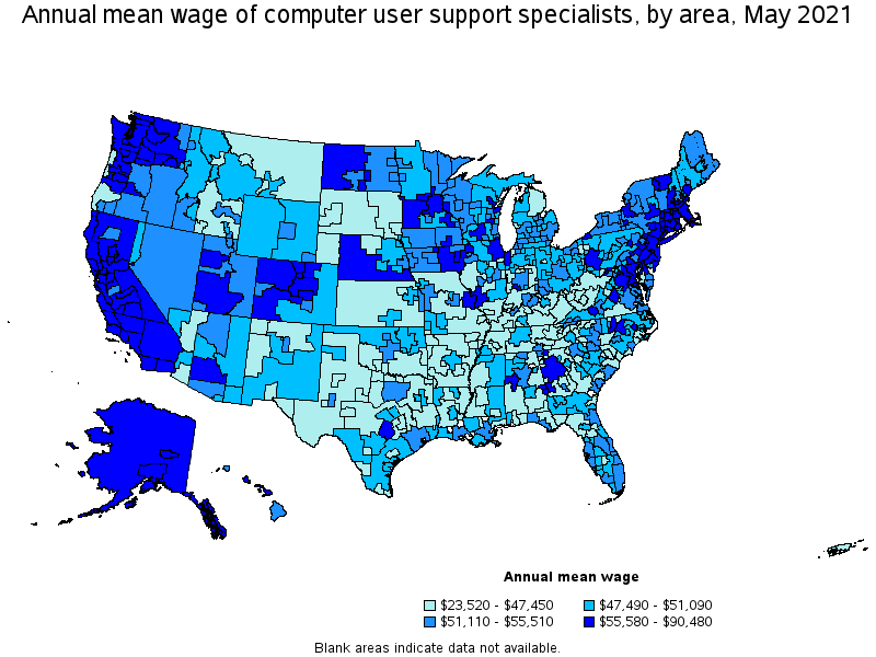 Map of annual mean wages of computer user support specialists by area, May 2021