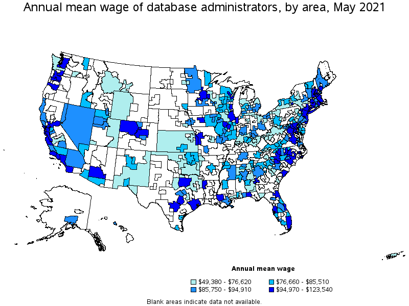 Map of annual mean wages of database administrators by area, May 2021