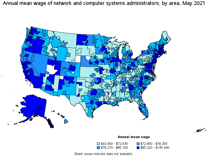 Map of annual mean wages of network and computer systems administrators by area, May 2021