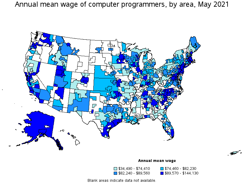 Map of annual mean wages of computer programmers by area, May 2021