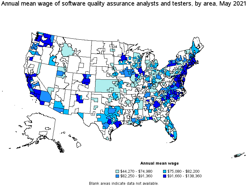 Map of annual mean wages of software quality assurance analysts and testers by area, May 2021