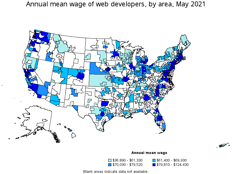 Map of annual mean wages of web developers by area, May 2021