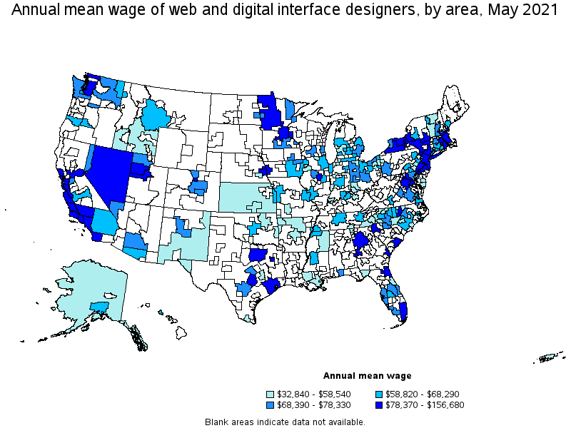 Map of annual mean wages of web and digital interface designers by area, May 2021
