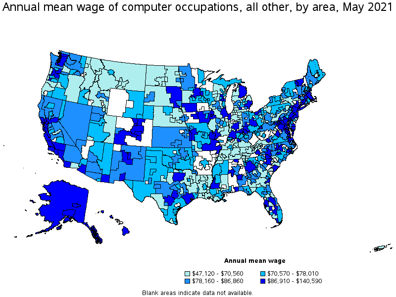 Map of annual mean wages of computer occupations, all other by area, May 2021