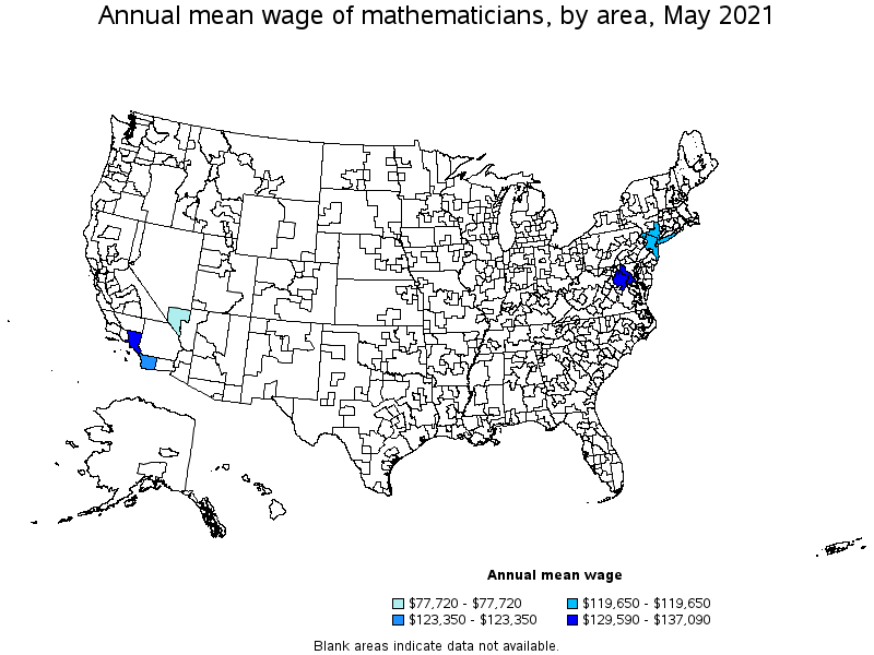 Map of annual mean wages of mathematicians by area, May 2021