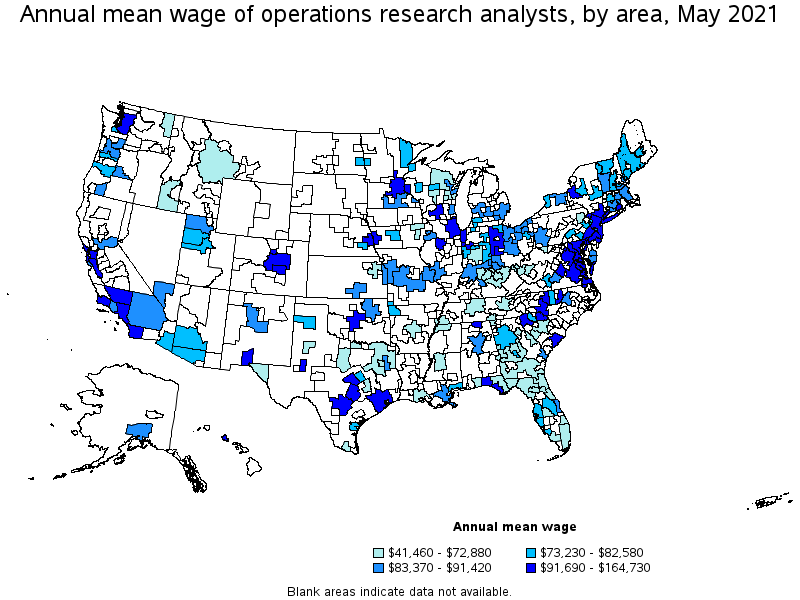 Map of annual mean wages of operations research analysts by area, May 2021