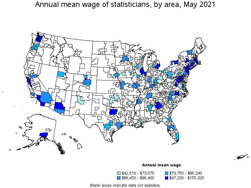 Map of annual mean wages of statisticians by area, May 2021