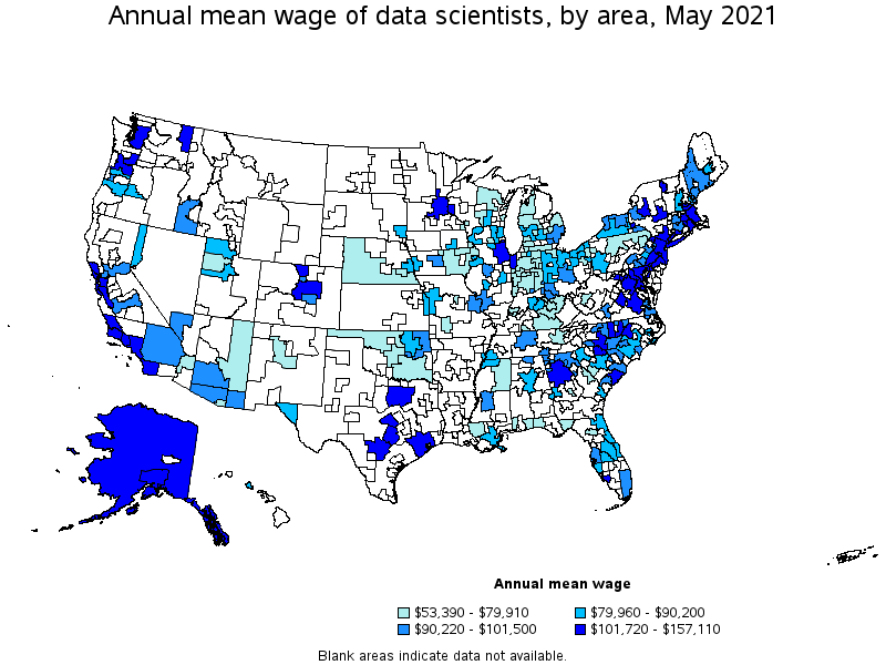Map of annual mean wages of data scientists by area, May 2021