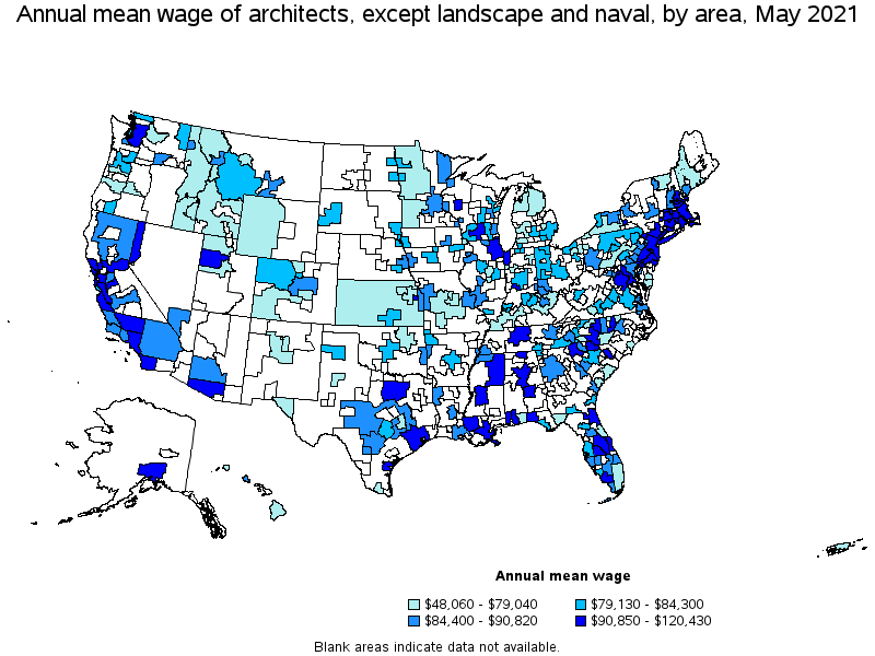 Map of annual mean wages of architects, except landscape and naval by area, May 2021