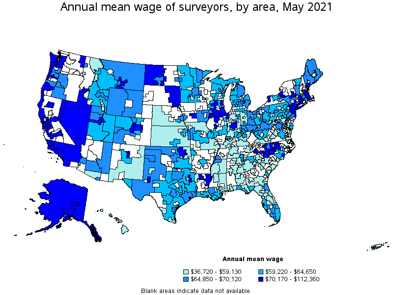 Map of annual mean wages of surveyors by area, May 2021