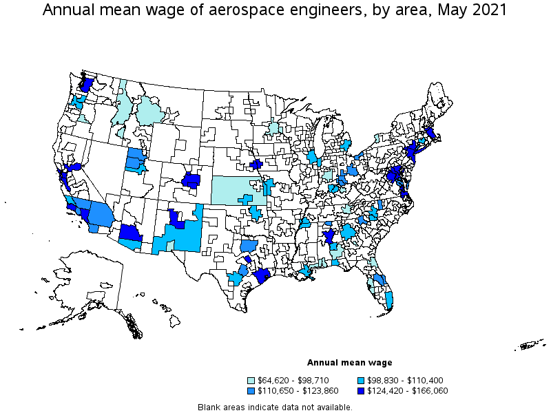 Map of annual mean wages of aerospace engineers by area, May 2021