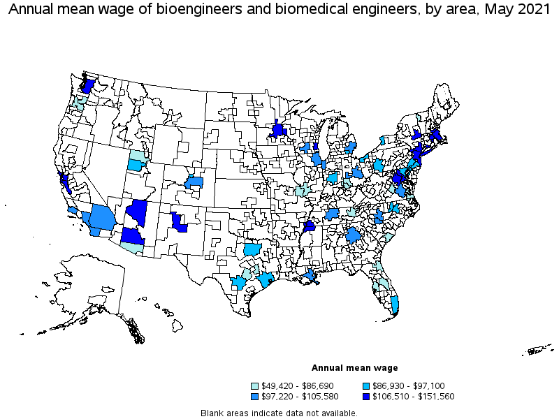 Map of annual mean wages of bioengineers and biomedical engineers by area, May 2021