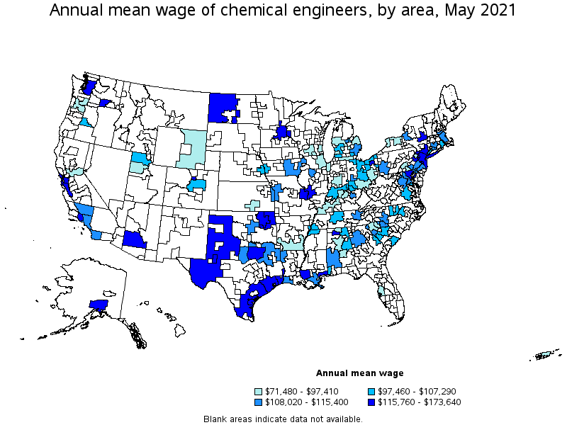 Map of annual mean wages of chemical engineers by area, May 2021
