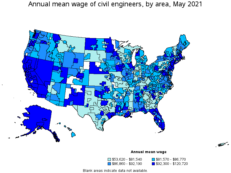 Map of annual mean wages of civil engineers by area, May 2021