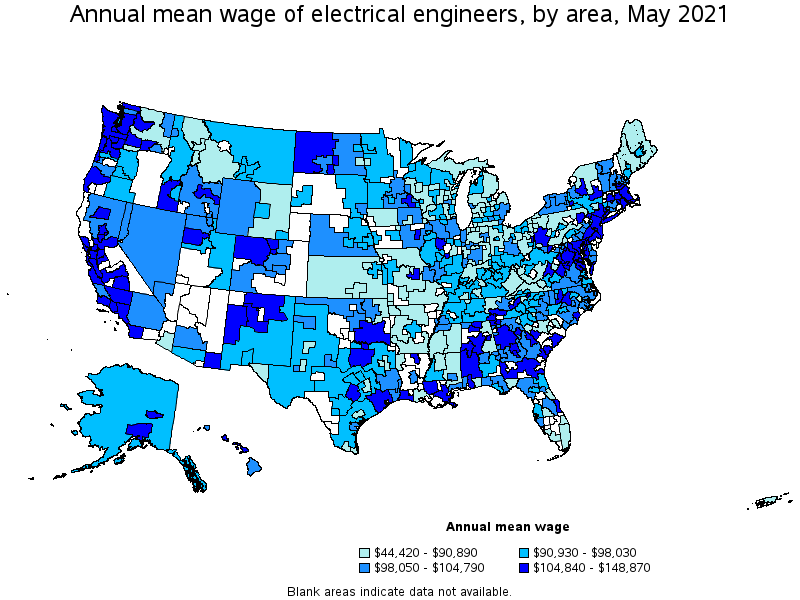 Map of annual mean wages of electrical engineers by area, May 2021