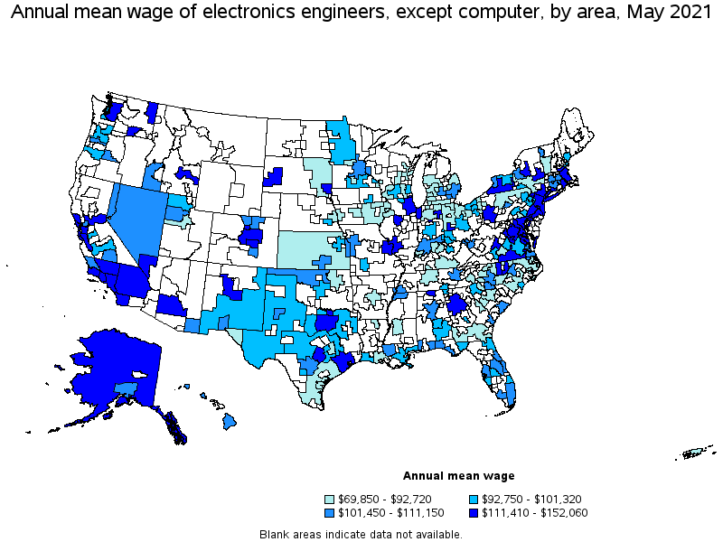 Map of annual mean wages of electronics engineers, except computer by area, May 2021