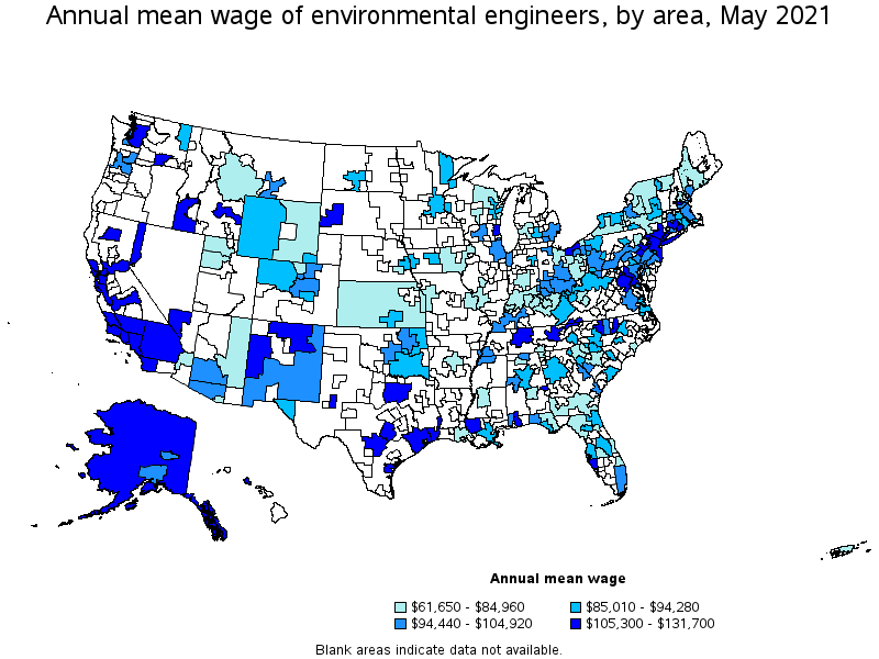 Map of annual mean wages of environmental engineers by area, May 2021