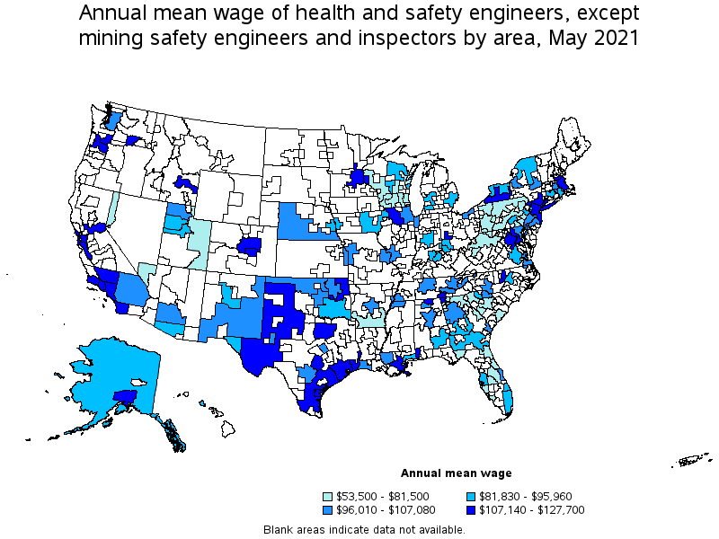 Map of annual mean wages of health and safety engineers, except mining safety engineers and inspectors by area, May 2021
