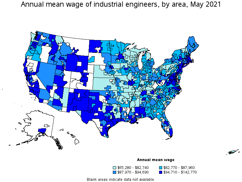 Map of annual mean wages of industrial engineers by area, May 2021