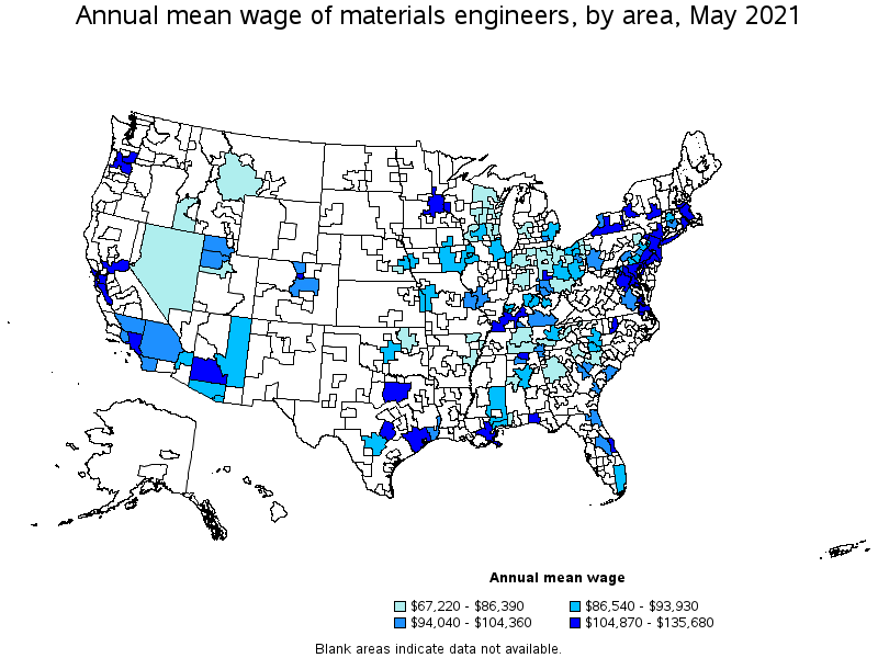Map of annual mean wages of materials engineers by area, May 2021