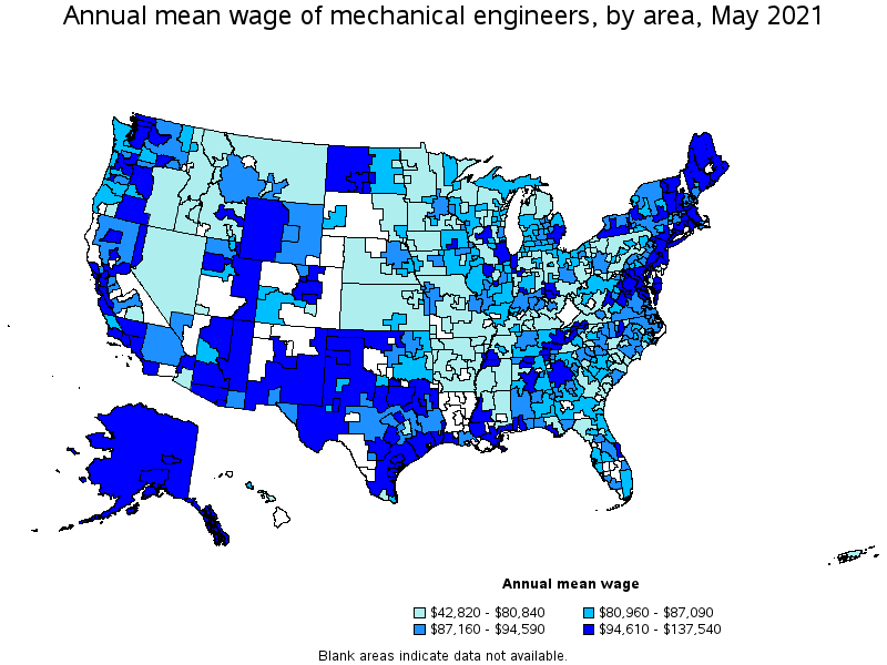 Map of annual mean wages of mechanical engineers by area, May 2021