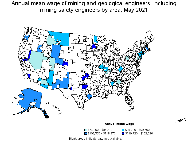 Map of annual mean wages of mining and geological engineers, including mining safety engineers by area, May 2021