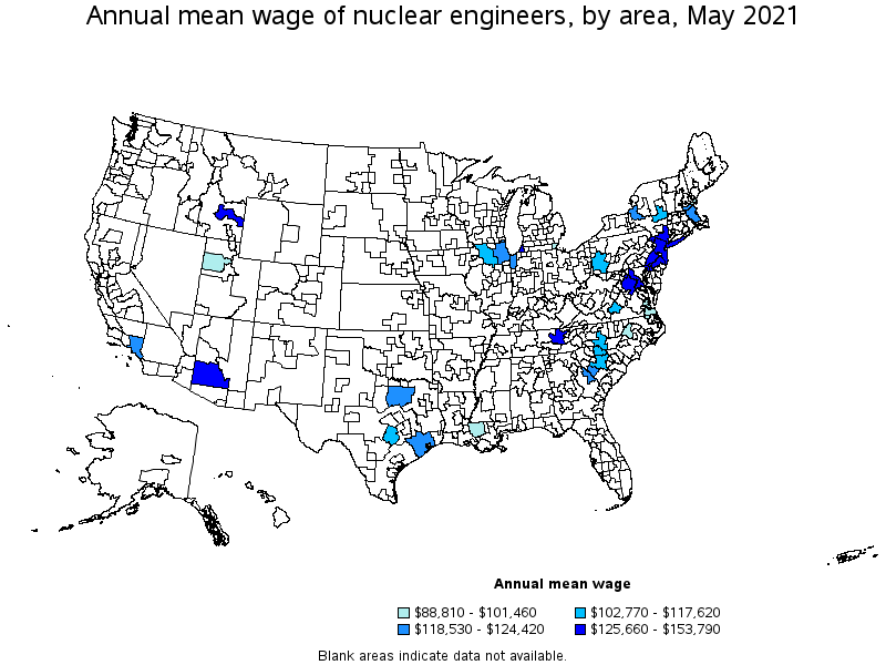 Map of annual mean wages of nuclear engineers by area, May 2021