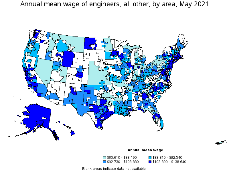 Map of annual mean wages of engineers, all other by area, May 2021