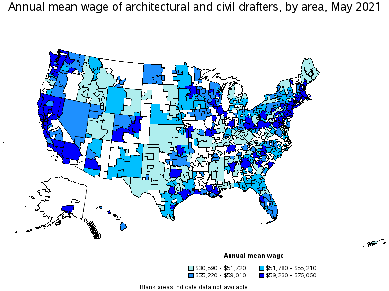Map of annual mean wages of architectural and civil drafters by area, May 2021
