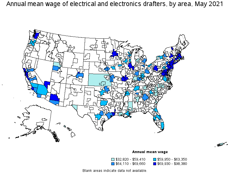 Map of annual mean wages of electrical and electronics drafters by area, May 2021