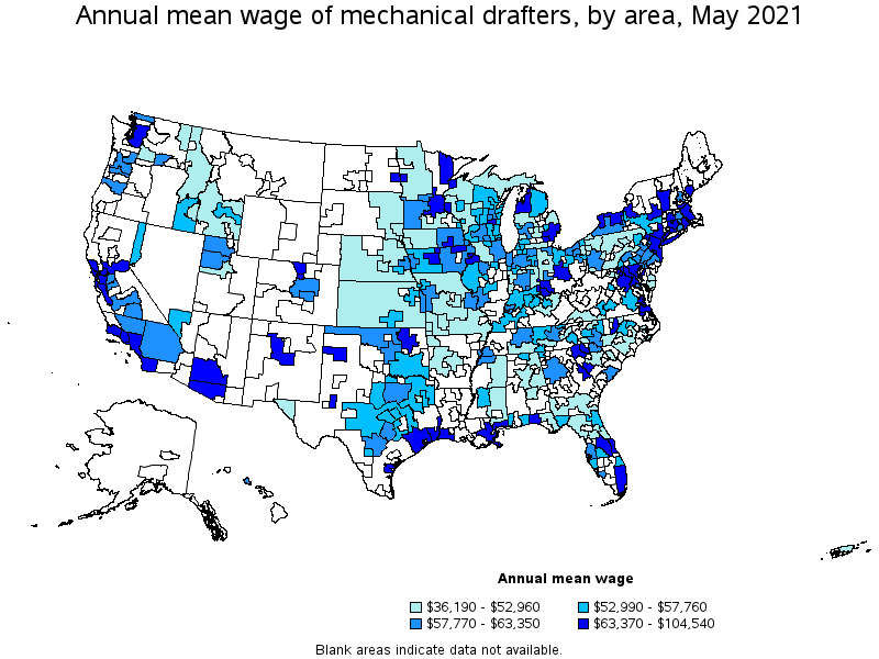 Map of annual mean wages of mechanical drafters by area, May 2021