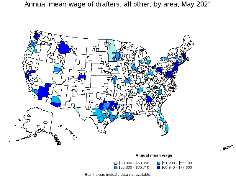 Map of annual mean wages of drafters, all other by area, May 2021