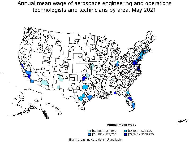 Map of annual mean wages of aerospace engineering and operations technologists and technicians by area, May 2021