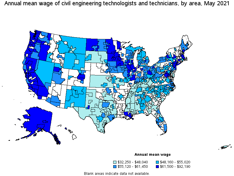 Map of annual mean wages of civil engineering technologists and technicians by area, May 2021