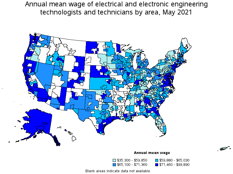 Map of annual mean wages of electrical and electronic engineering technologists and technicians by area, May 2021